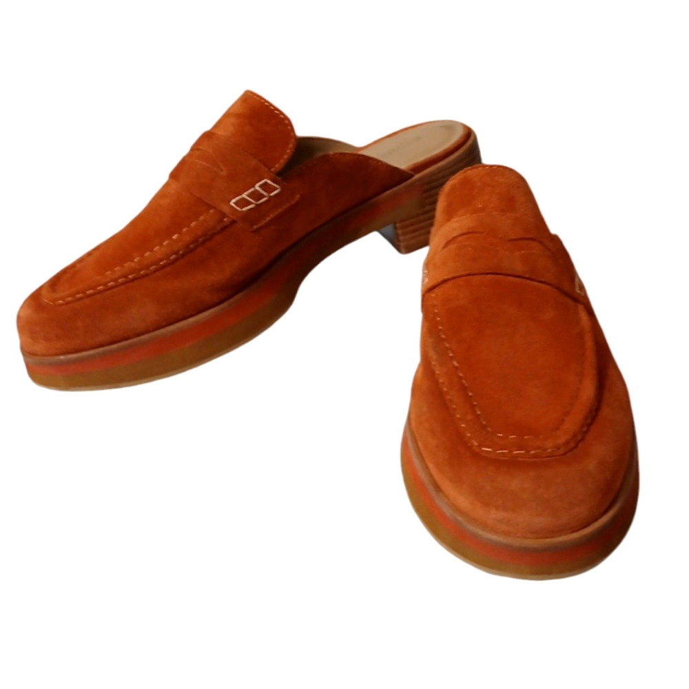 Anthropologie Orange Suede Mule Loafers